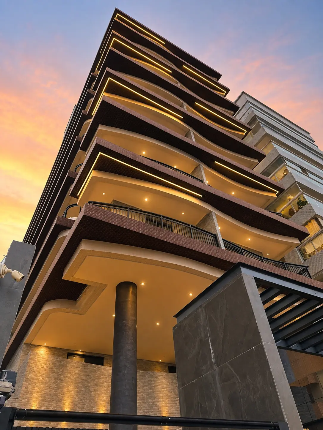 Fachada premiada do Residence Evoque com sacadas curvas iluminadas ao pôr do sol